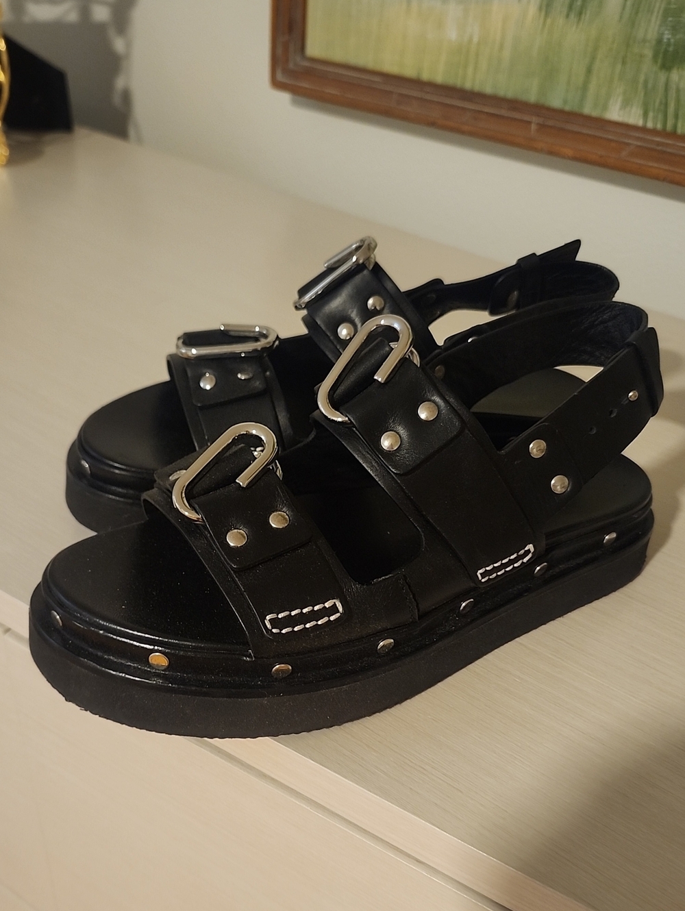 3.1 Phillip Lim Black Studded Platform Sandals with Buckles
